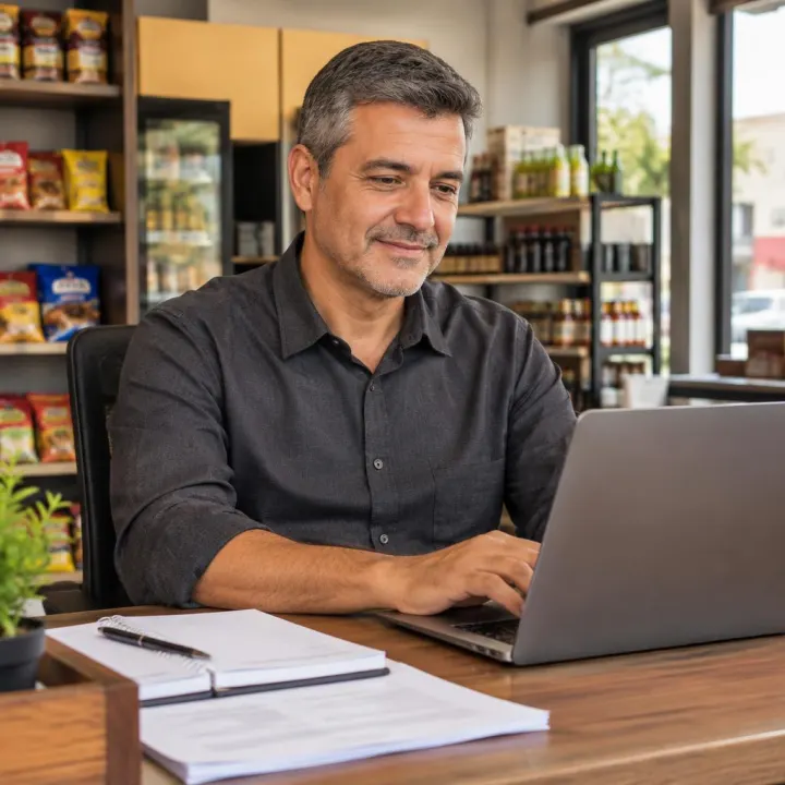 Empresário satisfeito usando inteligência artificial no trabalho